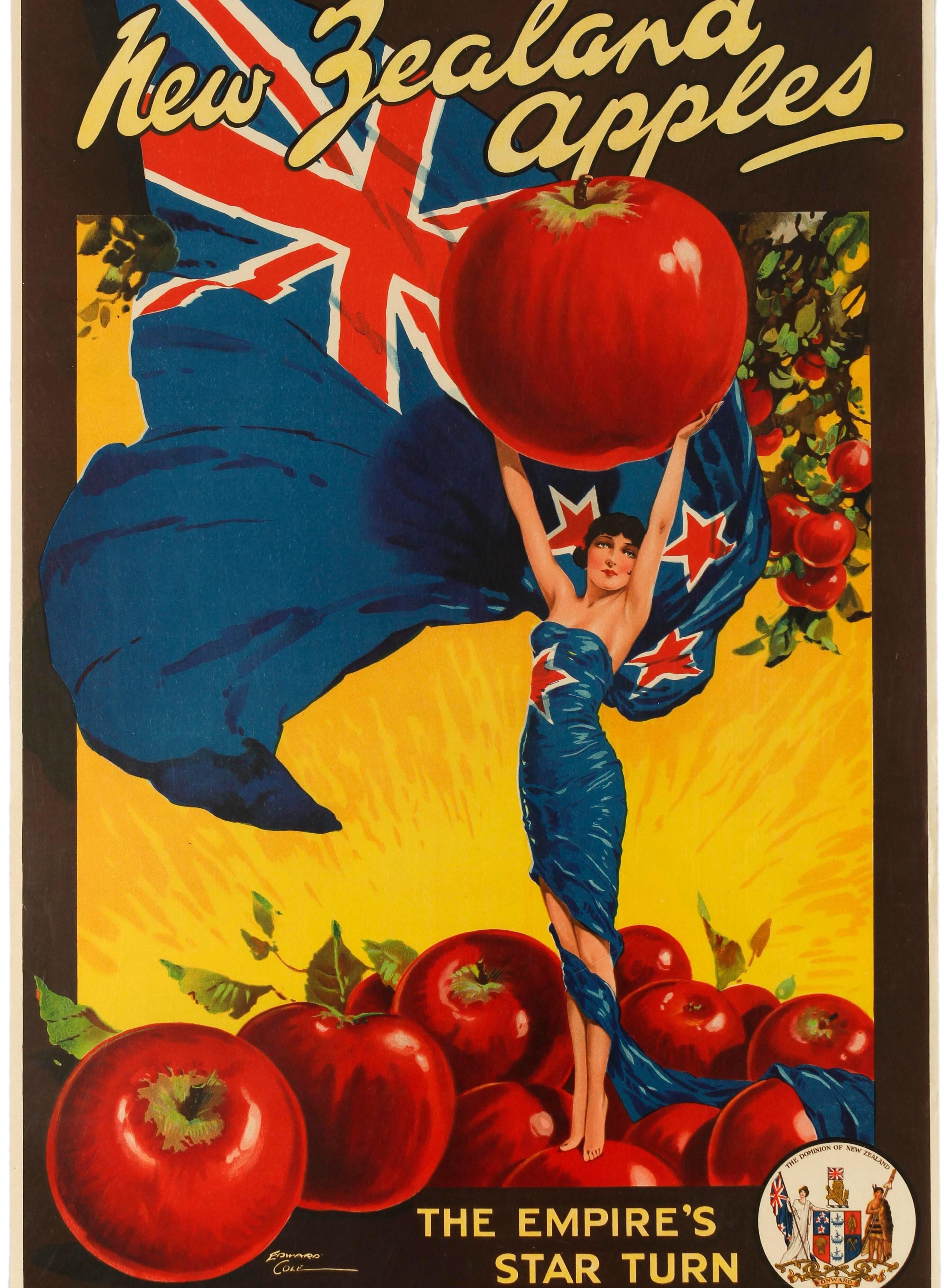 Original-Werbeplakat des Britischen Empires für neuseeländische Äpfel mit einem farbenfrohen Design, das eine junge Dame zeigt, die in eine neuseeländische Flagge gehüllt ist und einen großen roten Apfel vor einem sonnengelben Hintergrund mit einem