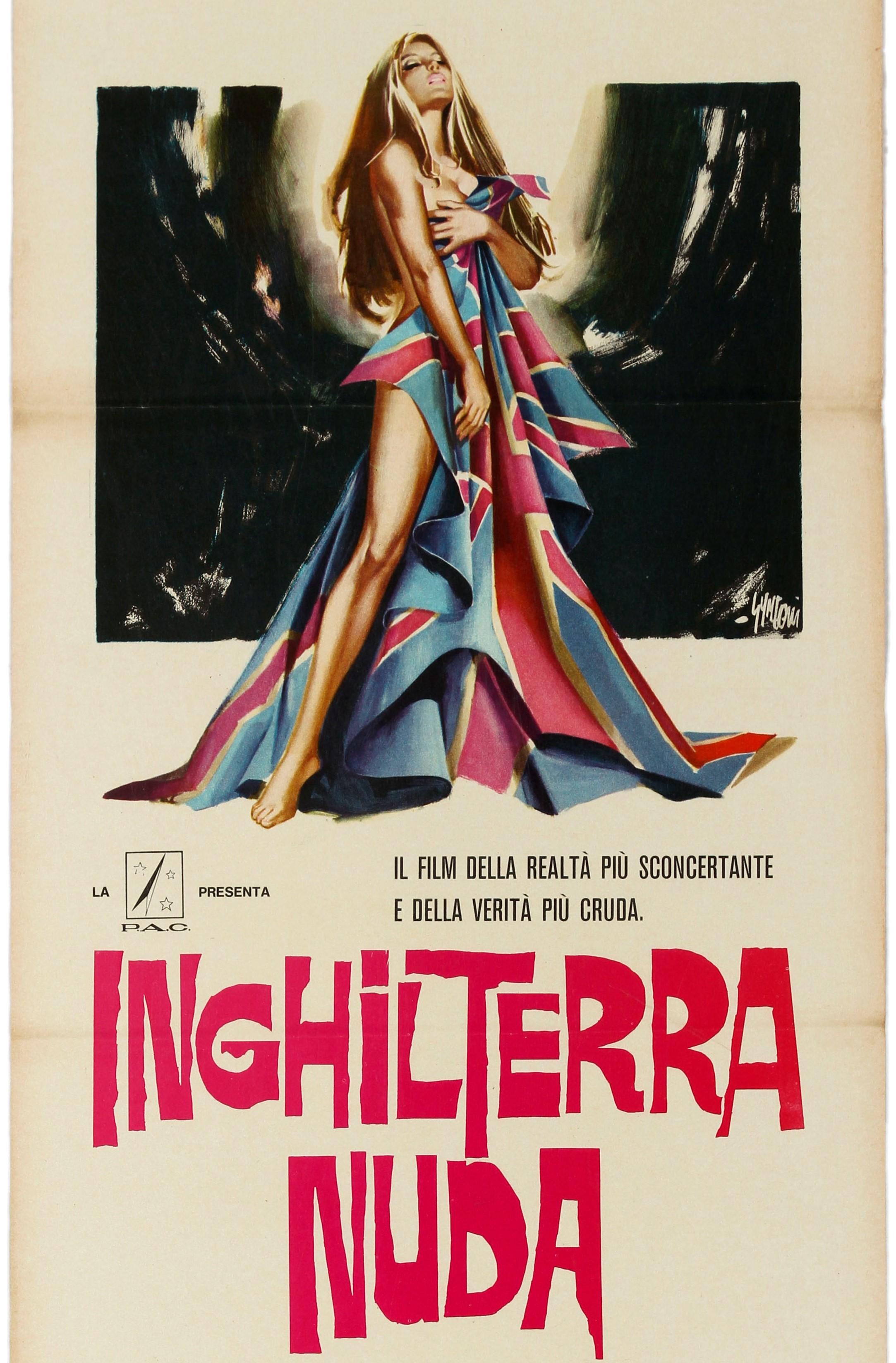 Affiche vintage d'origine du film documentaire italien « Inghilterra nuda » (L'Angleterre nue) - Beige Print par Sandro Symeoni
