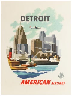 Original Vintage Poster Detroit American Airlines AA Travel City Design Michigan