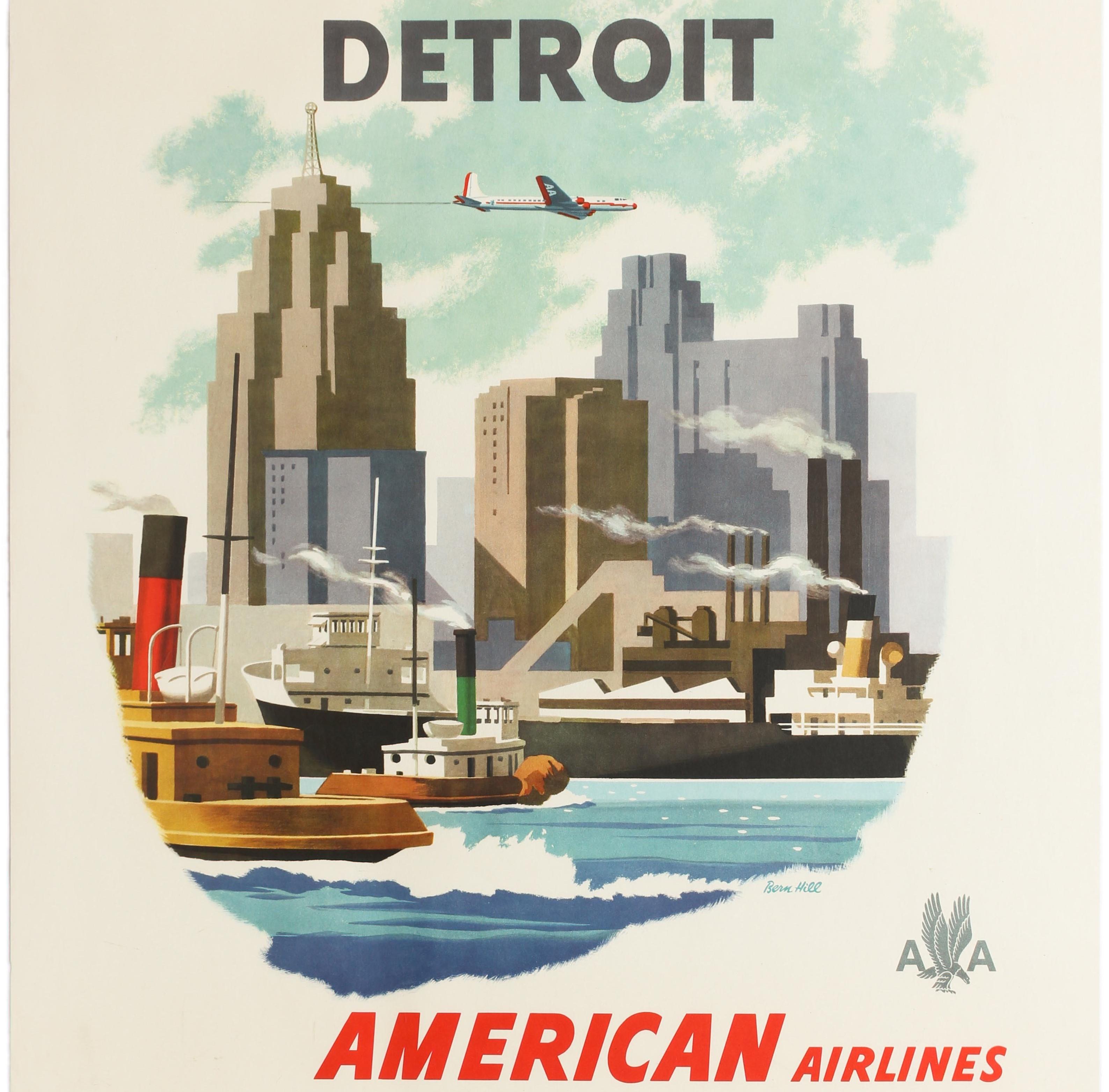 Original Vintage Poster Detroit American Airlines AA Travel City Design Michigan (Beige), Print, von Bern Hill