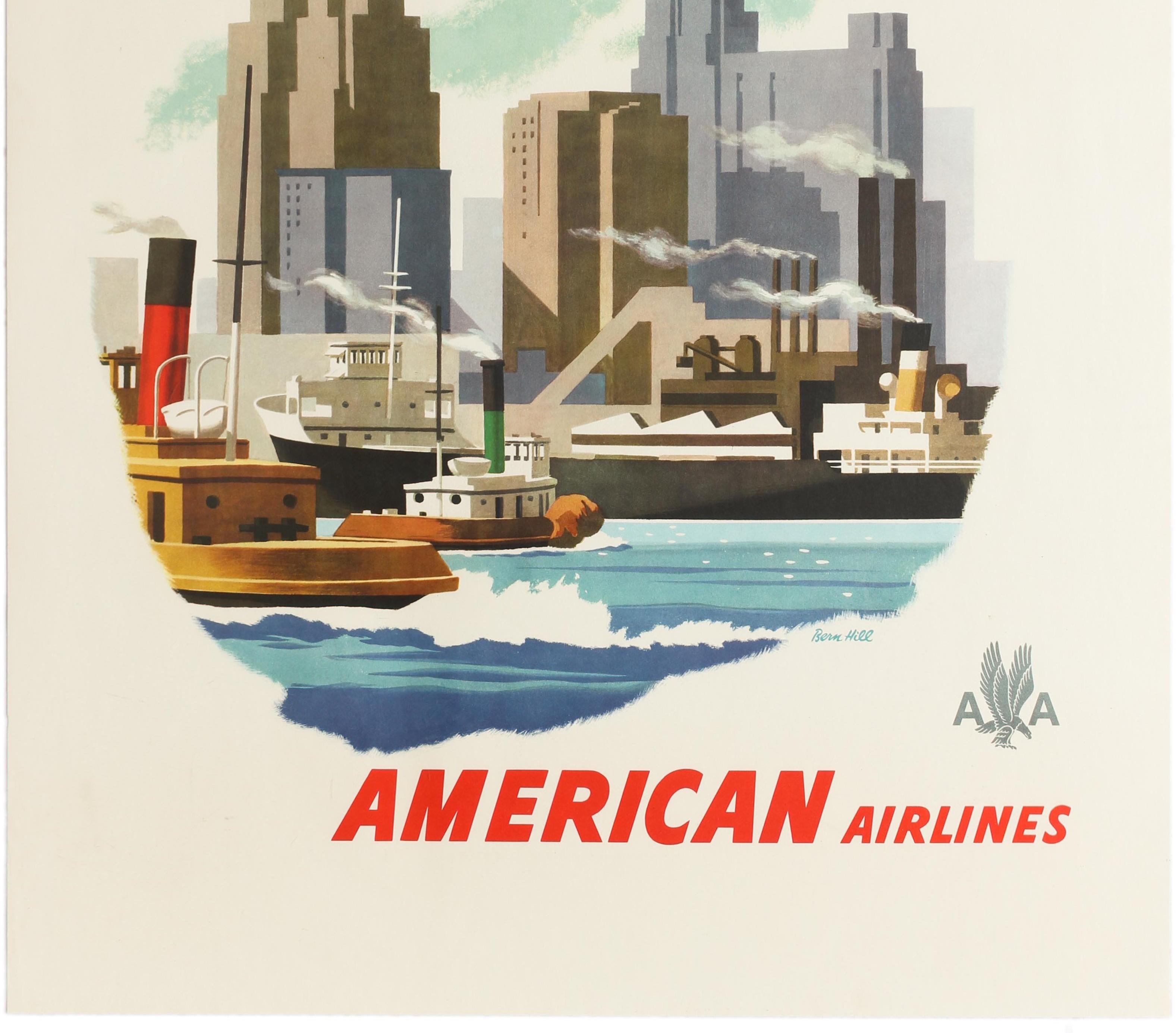 Original-Reiseplakat für die Werbung von American Airlines für Detroit mit einer großartigen Illustration von Bern Hill (1911-1977) der Skyline der Stadt mit Wolkenkratzern und rauchenden Industriefabriken hinter Schiffen und Schleppern im