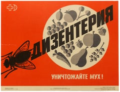 Original Vintage Poster Soviet USSR Health Food Propaganda Dysentery Flies Kill