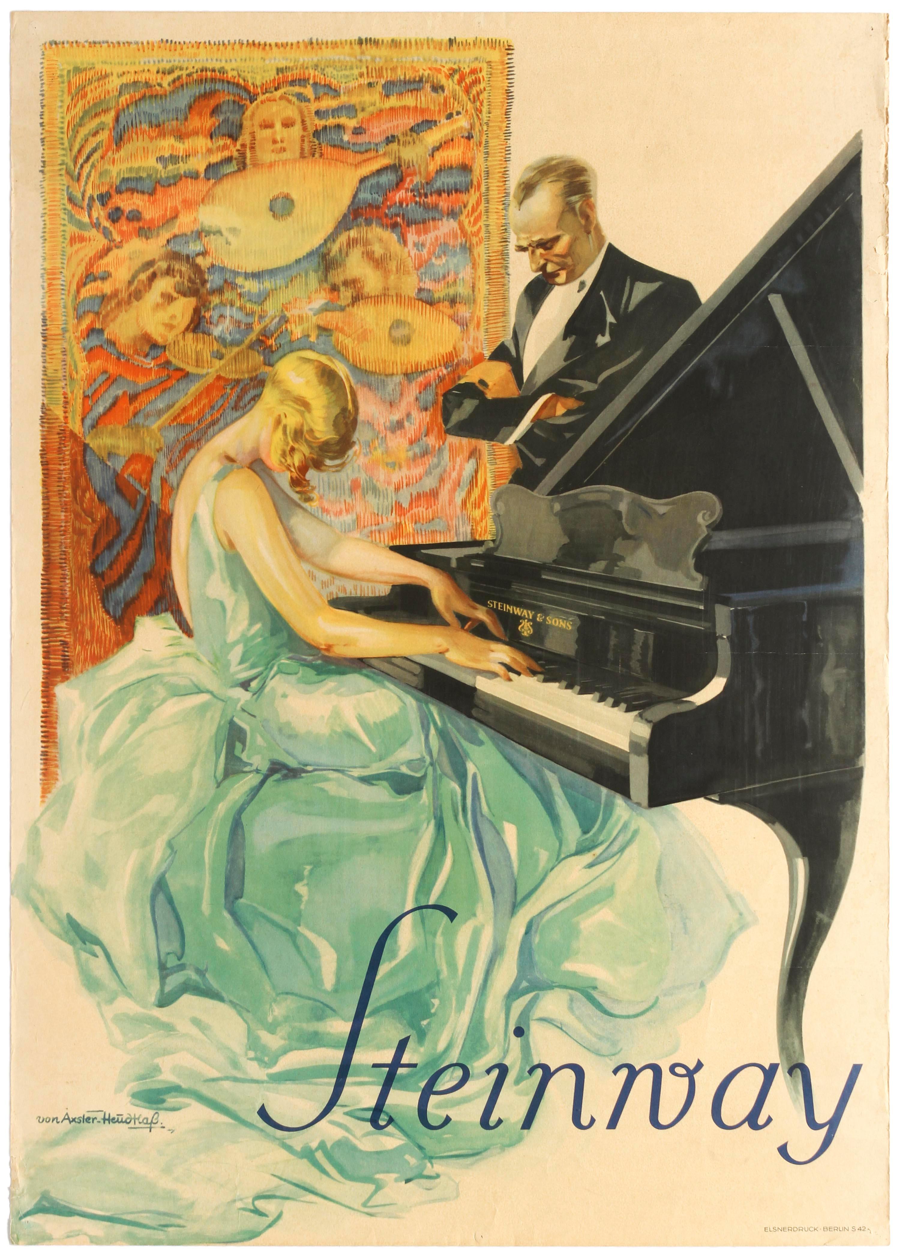 Werner Von Axster Heudtlass Print - Original Vintage Poster Steinway & Sons Piano Music Tapestry Pianist Art Design
