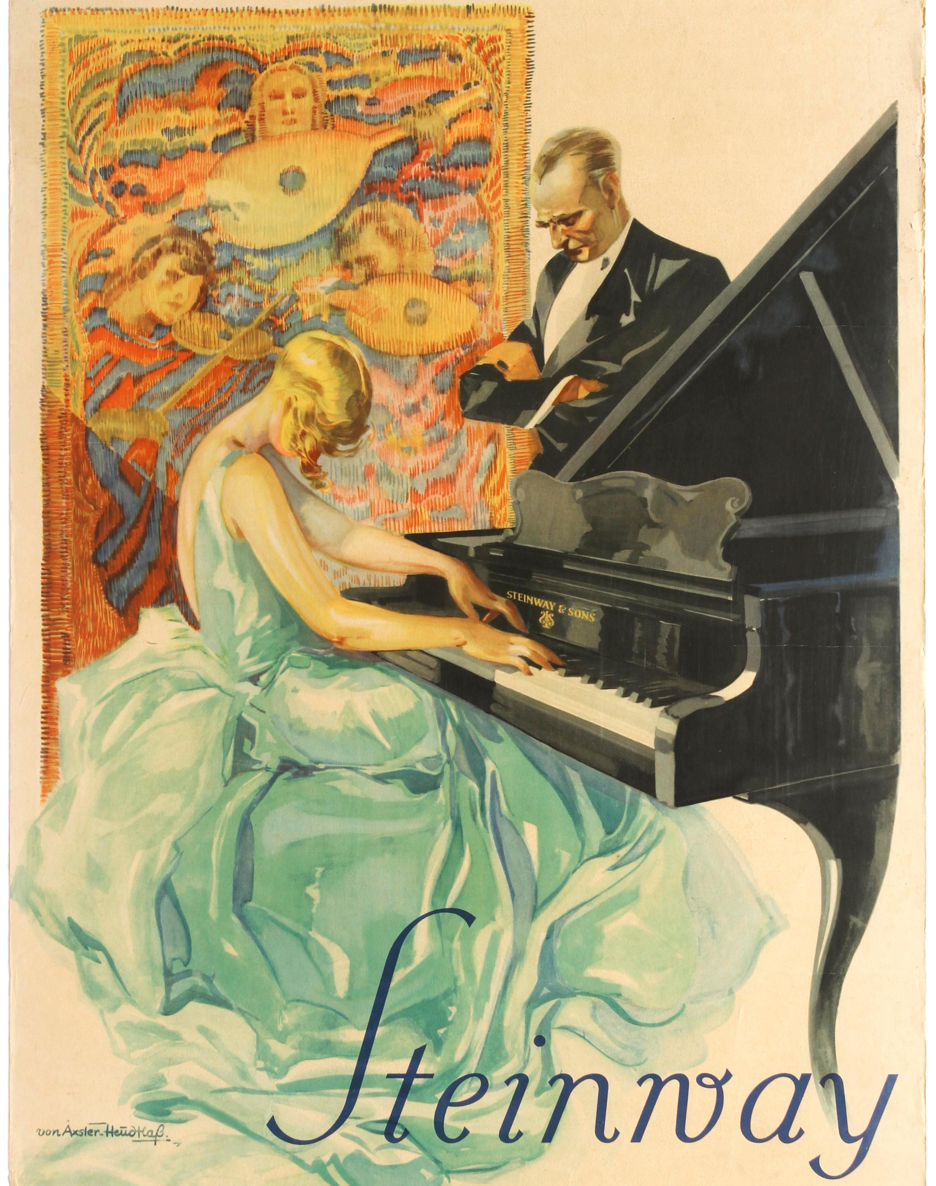Poster pubblicitario originale d'epoca per i pianoforti Steinway con una grande illustrazione dell'artista tedesco Werner Von Axster-Heudtlass (1898-1949) che raffigura una giovane donna che indossa un favoloso abito che scorre intorno allo sgabello