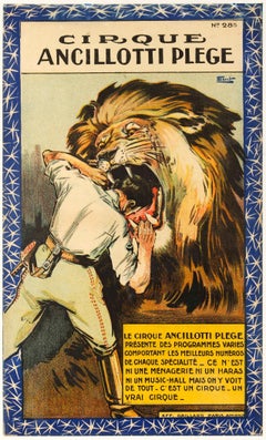 Original Antique Poster Cirque Ancillotti Plege French Circus Ft. Lion Tamer Act