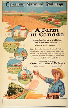 Póster original de época Canadian National Railways Una granja en Canadá Colonización