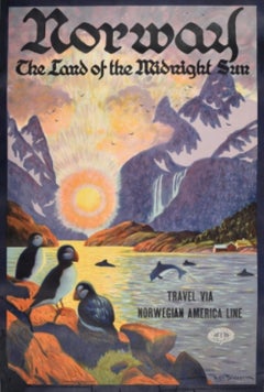Póster Original Vintage Noruega La Tierra Del Sol De Medianoche Viajes Fiordo Puffins