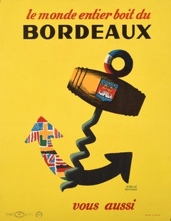 Original Retro Poster World Drinks Bordeaux Wine France Anchor Flags Corkscrew