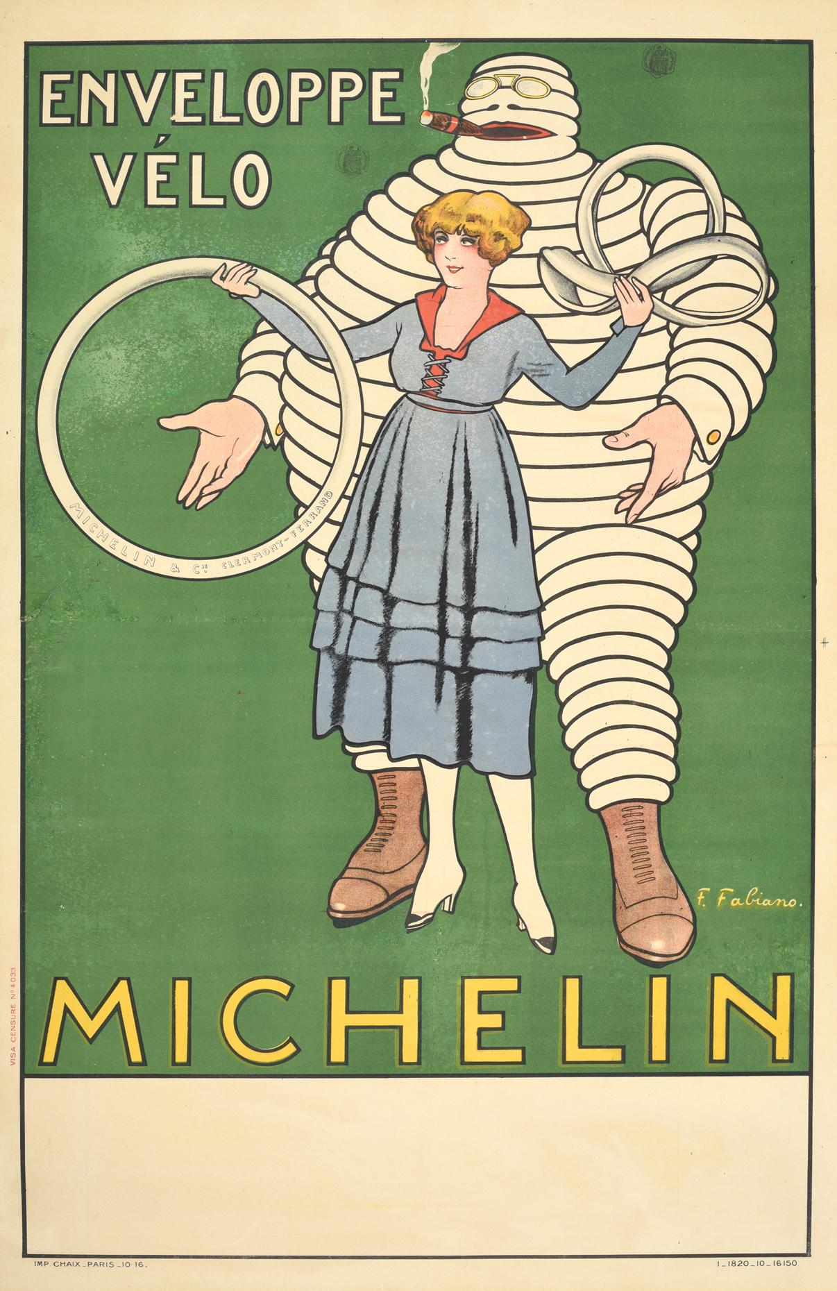 Print Fabien Fabiano - Affiche vintage d'origine d'enveloppes vélo avec le Bonhomme Michelin, dessin du Bibendum emblématique