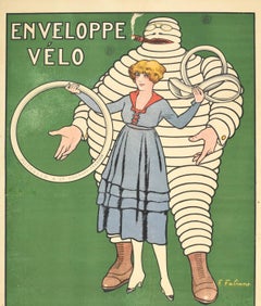 Original Antique Poster Michelin Man Bicycle Tyres Tires Iconic Bibendum Design