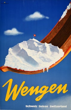 Original Vintage Poster Wengen Switzerland Winter Sport Skiing Swiss Alps Resort