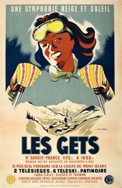 Original Retro Poster Les Gets Snow & Sunshine Winter Sports Skiing Mont Blanc