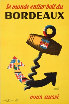 Cartel Vintage Original Le Monde Entier Boit Du Bordeaux Vino Mundo Bebida Francia