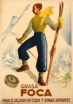 Original Vintage Poster Grasa Foca Wax Shoe Polish Skiing Sport Art Deco Design