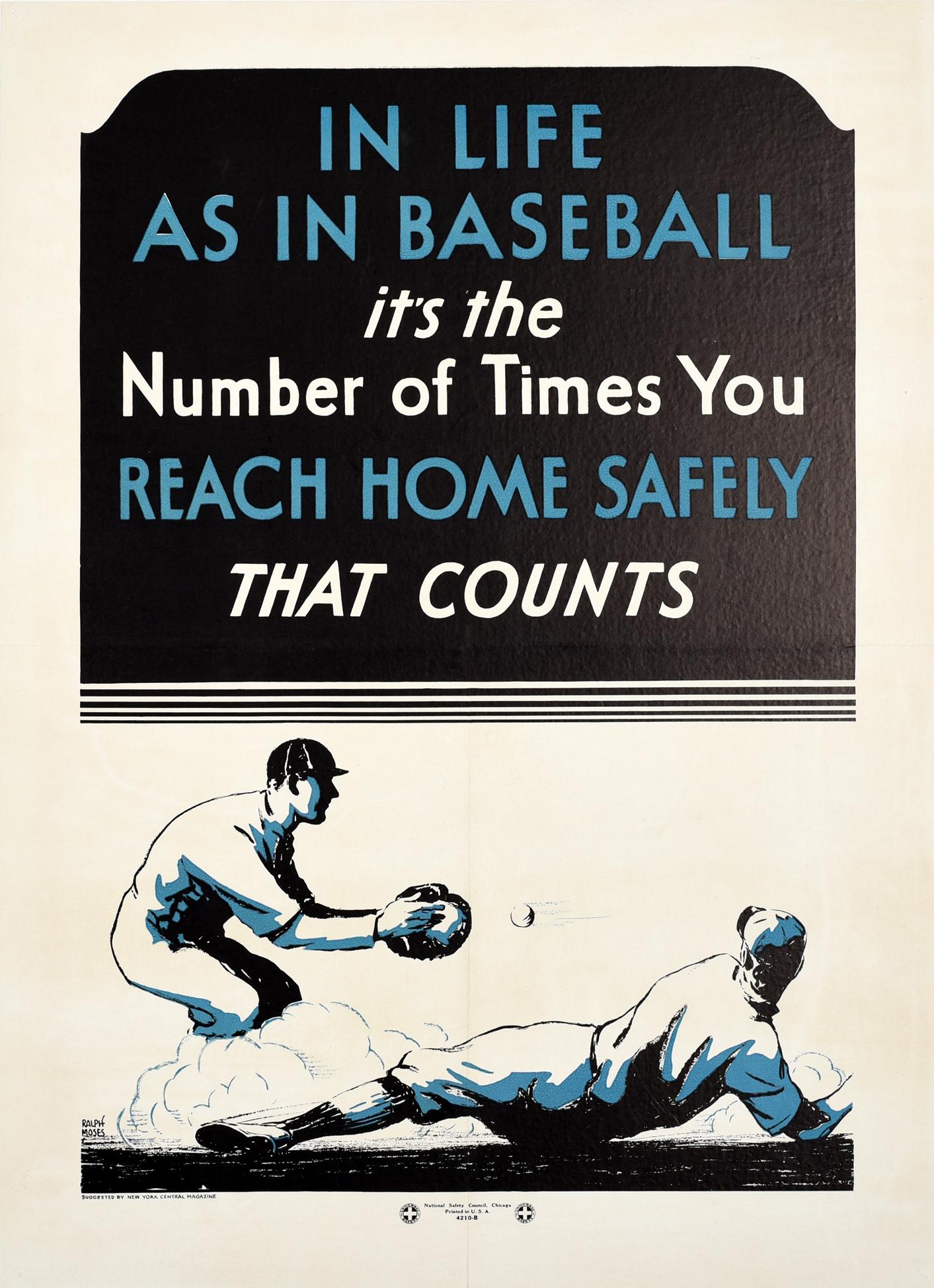 Ralph Moses Print - Original Vintage Poster In Life As In Baseball Reach Home Safely NSC Road Safety