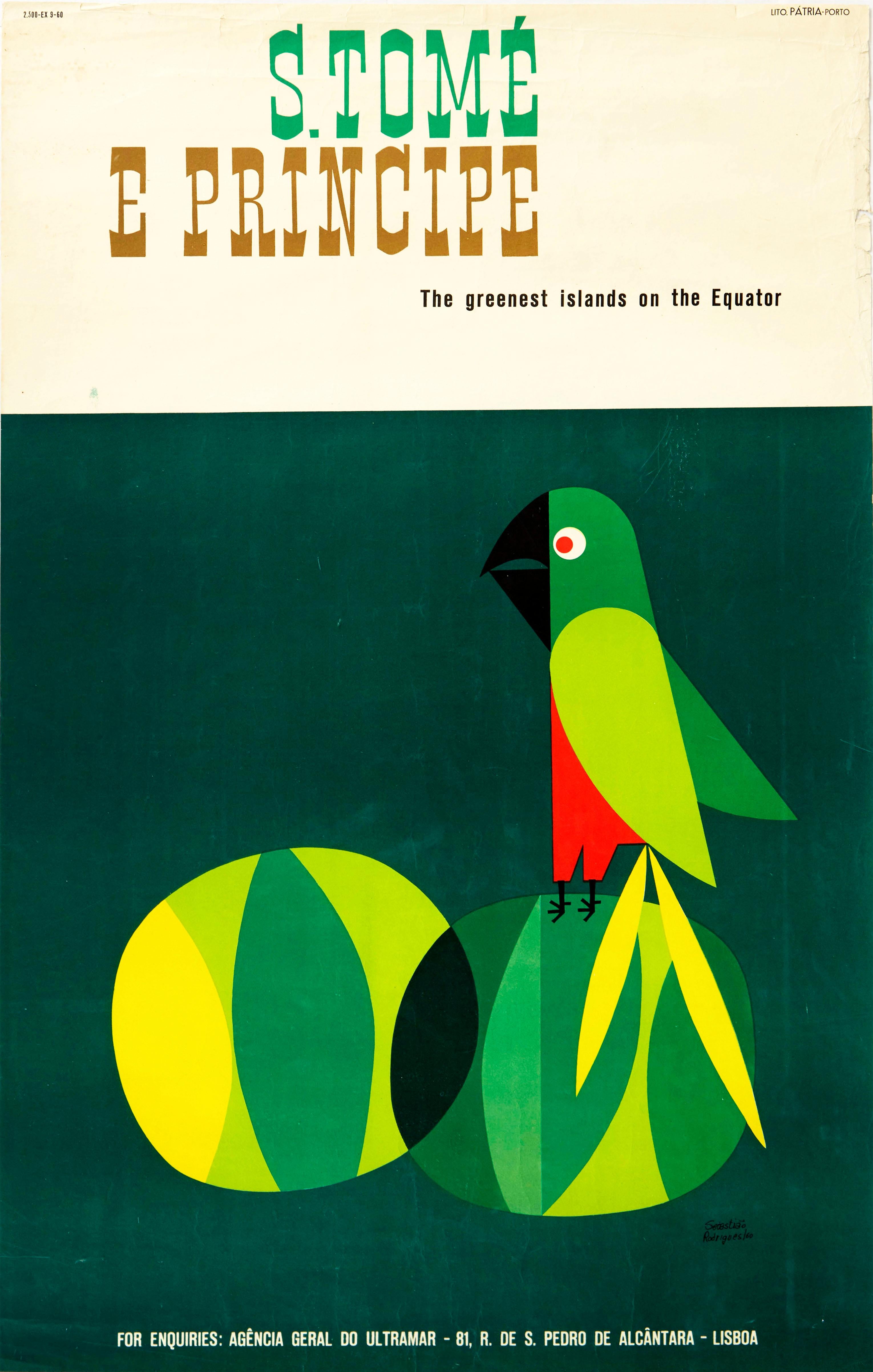 Sebastiao Rodrigues Print - Original Vintage Poster Sao Tome & Principe Equator Islands Travel Parrot Design