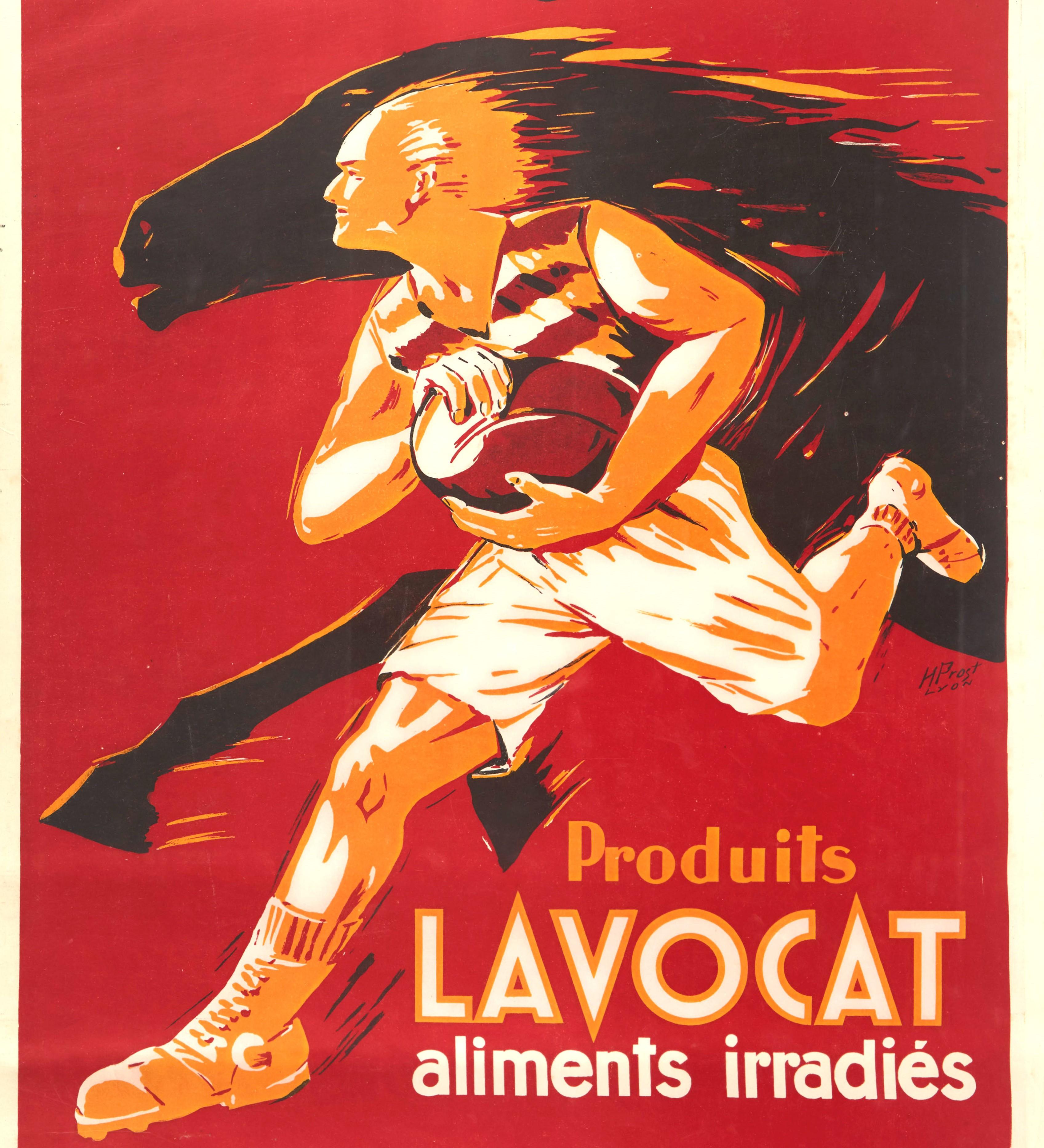 Original vintage sport themed advertising poster - Strength, Energy by Lavocat Products irradiated food / Force, Energie par les Produits Lavocat aliments irradies - featuring dynamic artwork depicting a man running at speed with a rugby ball
