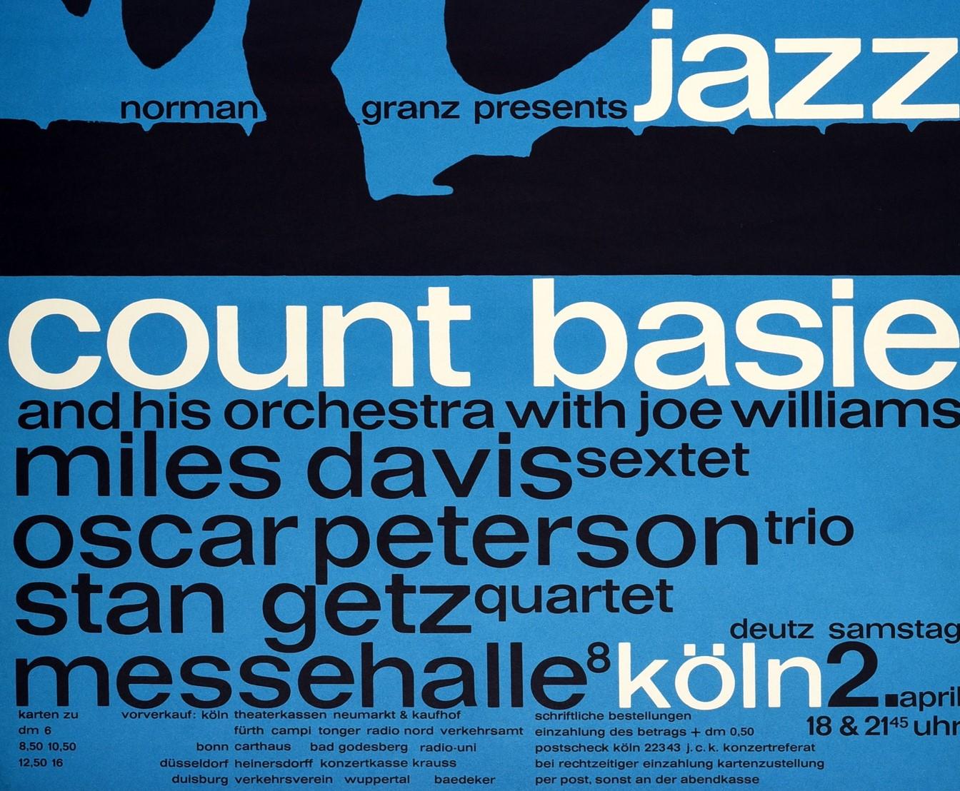 Original Vintage-Poster:: Jazz-Musik-Konzert:: Count Basie Miles Davis:: Stan Getz ... (Blau), Print, von Michel + Kieser Novum