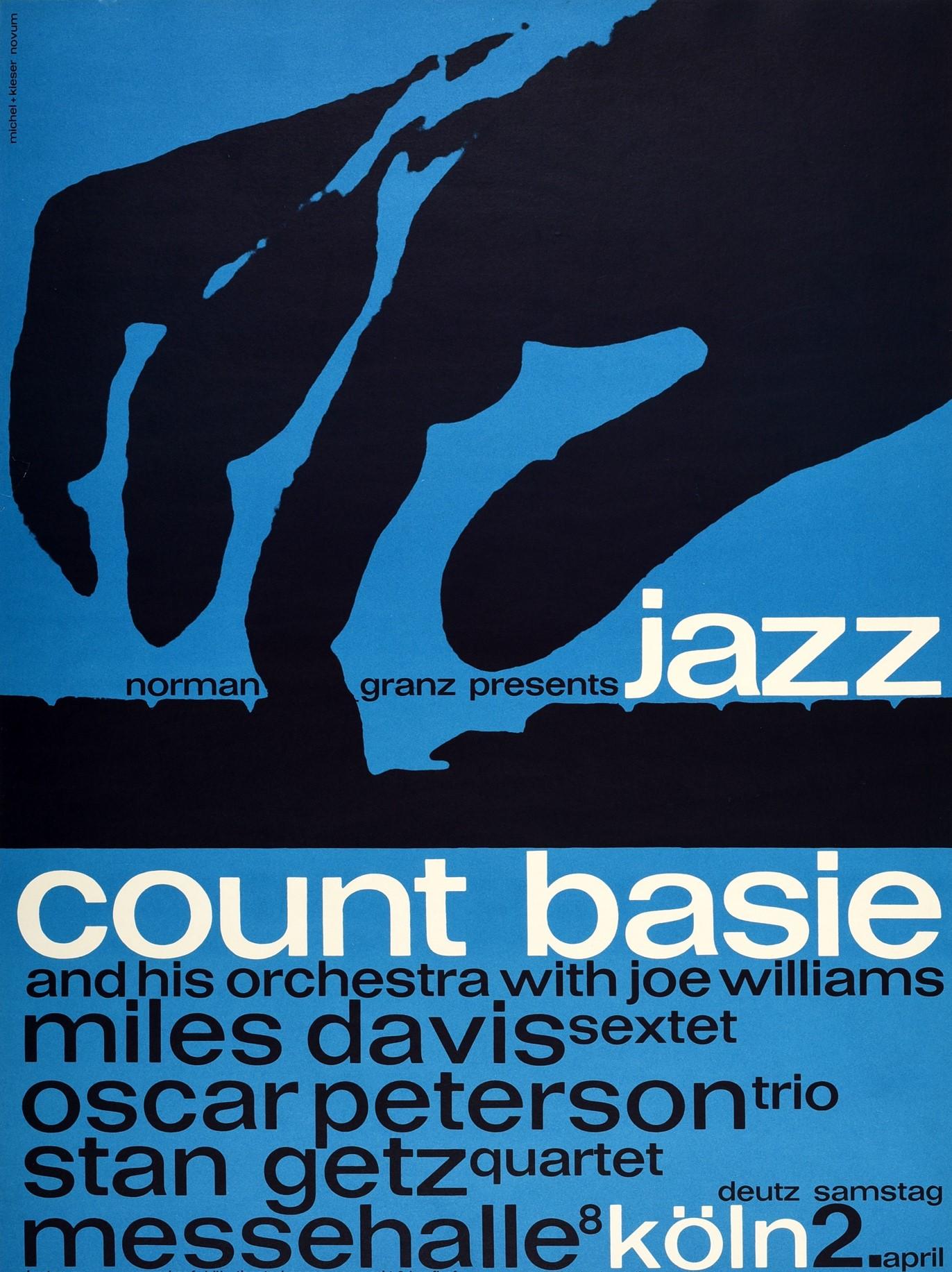 Original Original-Vintage-Poster:: der eine Musikkonzert-Veranstaltung werbt - Norman Granz präsentiert Jazz Graf Basie und sein Orchester mit Joe Williams Miles Davis Sextet Oscar Petersen Trio Stan Getz Quartett Messehalle 8 Koln - mit einem