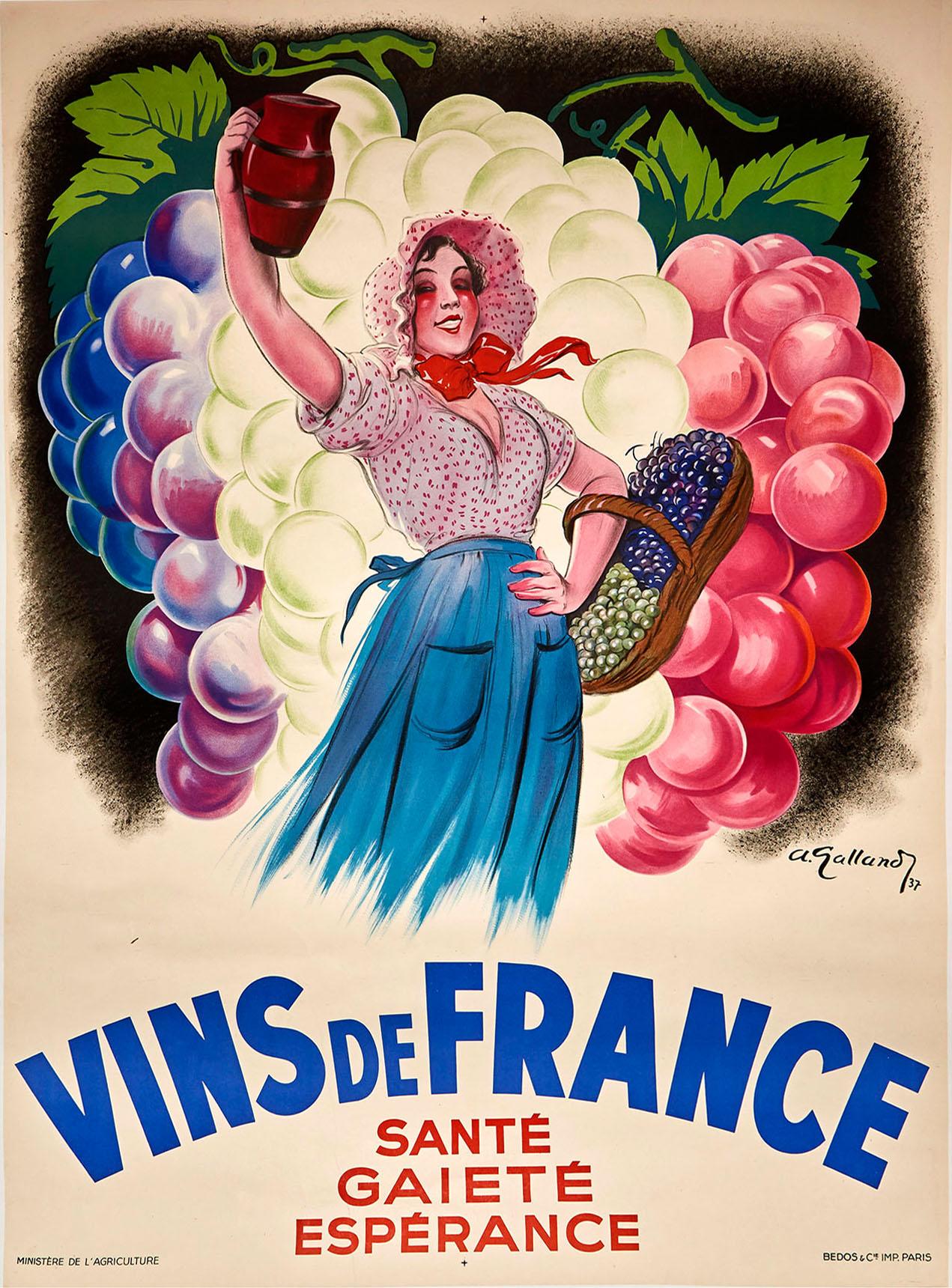 Andre Galland Print - Original Vintage Poster Vins De France Sante Gaiete Esperance French Wine Cheer