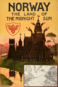 Original Antique Poster Norway The Land Of The Midnight Sun Stavkirke Travel Art