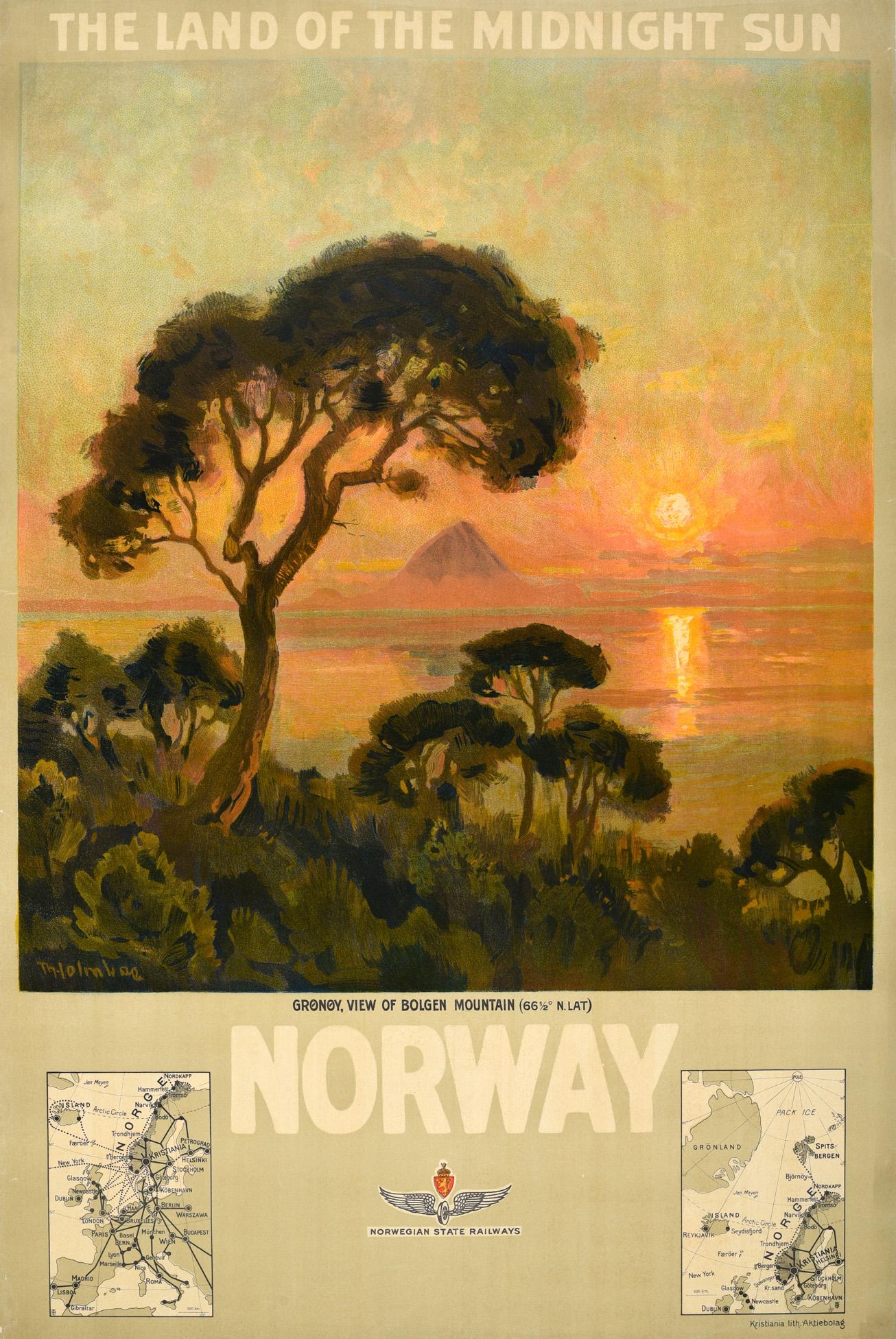 Thorolf Holmboe Print - Original Antique Poster Midnight Sun Norway Travel Gronoy Bolgen Mountain View