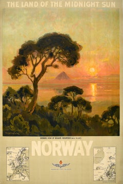 Original Antique Poster Midnight Sun Norway Travel Gronoy Bolgen Mountain View