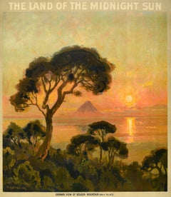 Original Antique Poster Midnight Sun Norway Travel Gronoy Bolgen Mountain View