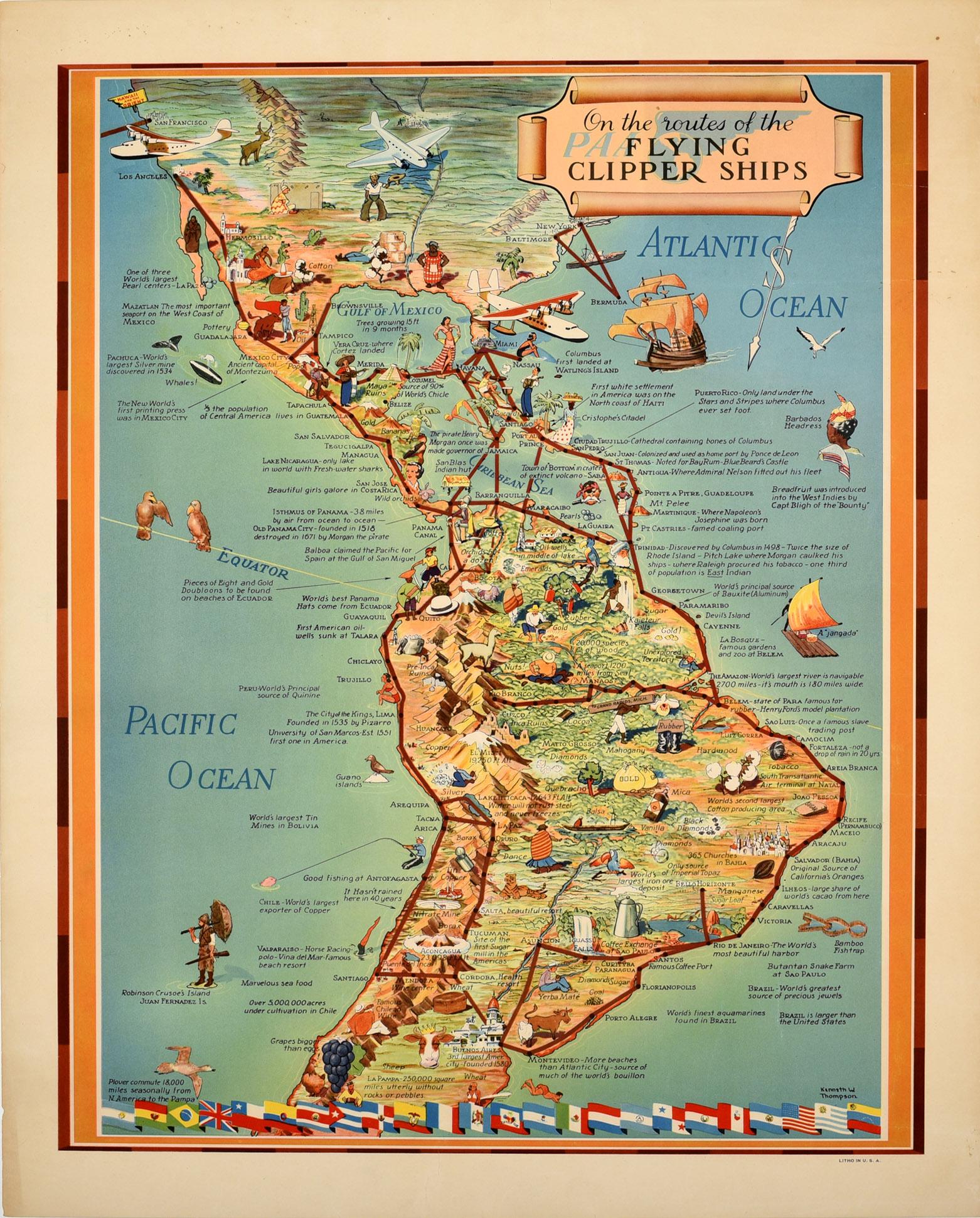 Kenneth W. Thompson Print - Original Vintage Poster Pan American PAA Flying Clipper Travel Map South America