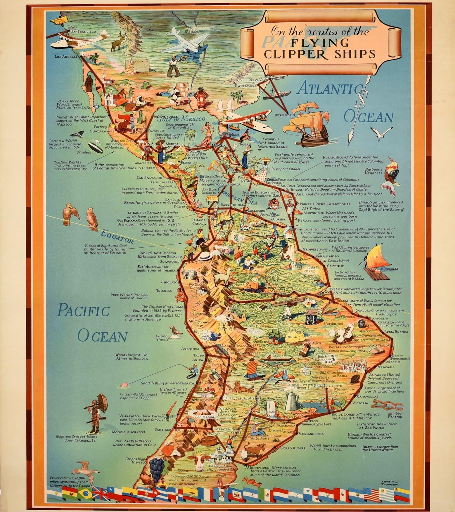 Original Vintage Pan Am Reise-Werbeplakat - Auf den Routen der Flying Clipper Ships - mit einer Bildkarte von Kenneth W. Thompson (1907-1996) von Lateinamerika mit Bildern von Sehenswürdigkeiten, Städten, Tieren und Menschen, darunter antike Maya-