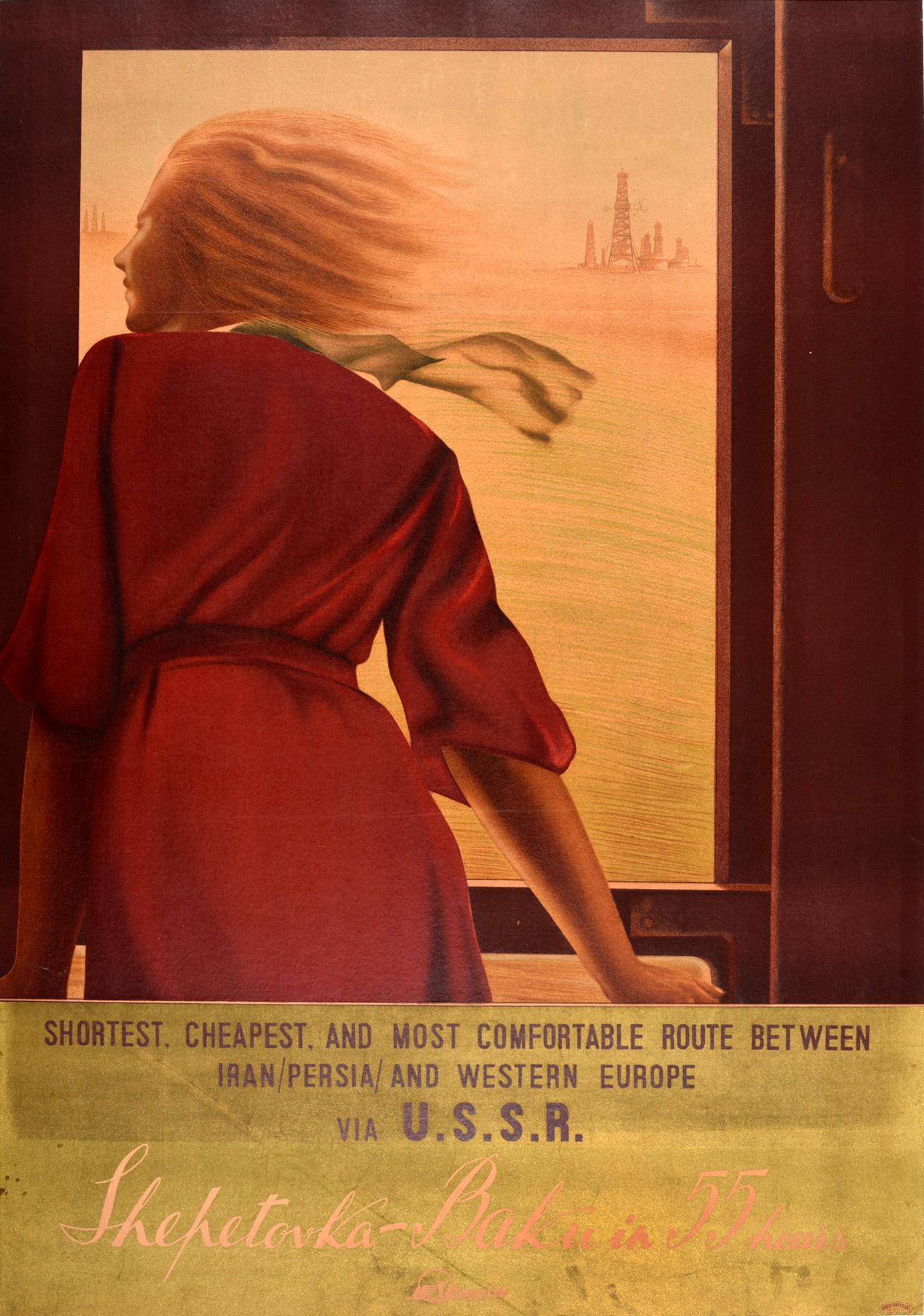 N. Zhukov / A. Chernomordik Print - Original Vintage Poster USSR Intourist Travel Train Railway Shepetovka Baku Oil