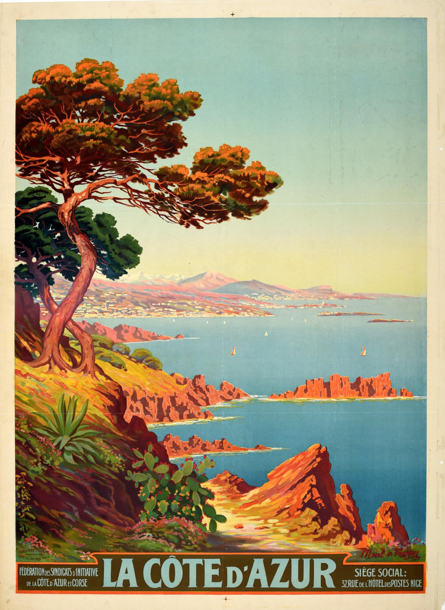 Print Adelin Charles Morel De Tanguy - Affiche vintage d'origine La Cote D'Azur Riviera avec vue sur la mer Méditerranée:: Art de voyage