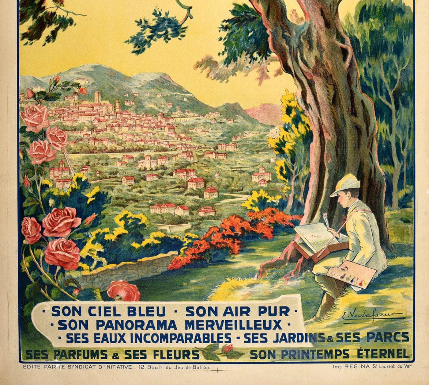Affiche vintage d'origine Grasse Station Climatique, Tourisme de santé sur la Côte d'Azur - Beige Print par Eugene Vavasseur