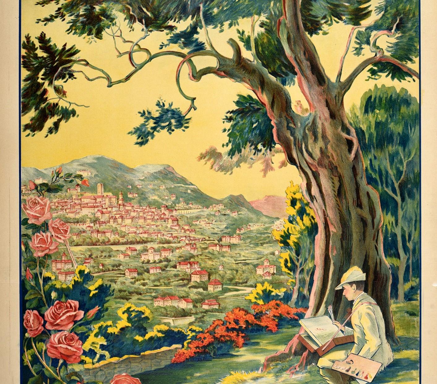 Affiche publicitaire originale de Grasse dans les Alpes-Maritimes - Grasse Station Climatique son ciel bleu, son air pur, son panorama merveilleux, ses eaux incomparables, ses jardins & ses parcs, ses parfums & ses fleurs, son printemps éternel /
