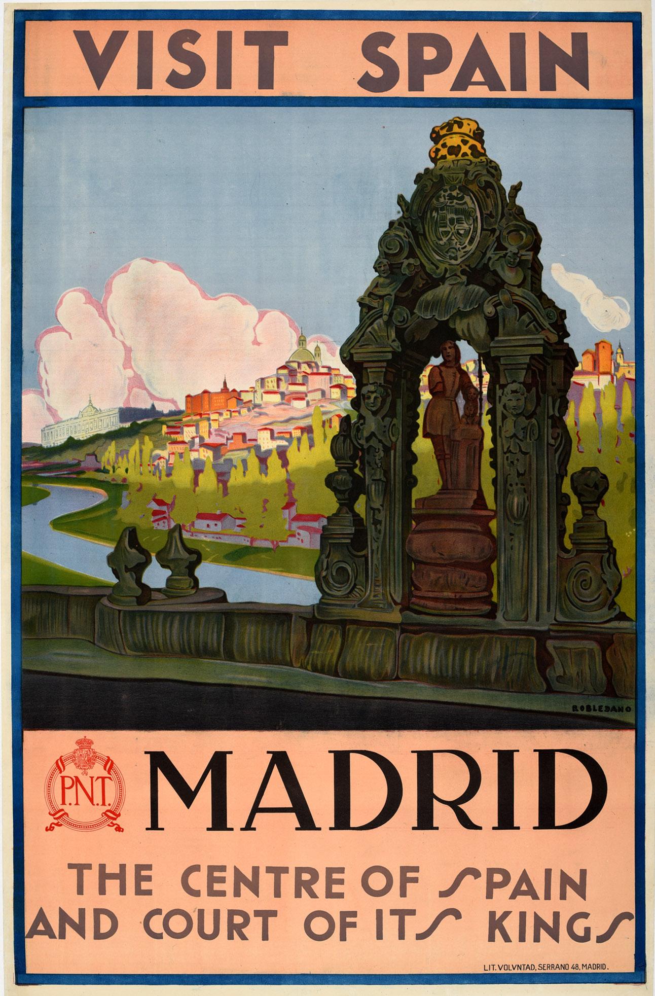 Robledano Print – Original Vintage Reise Poster Besuch Spanien Madrid Hof der Könige Toledo Brücke