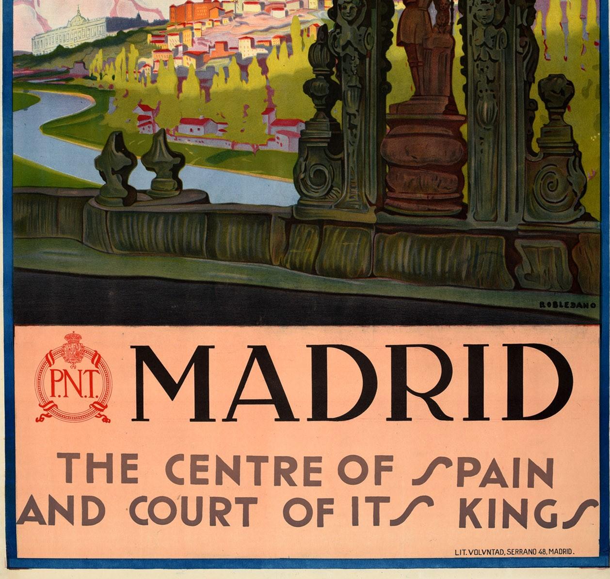 Original Vintage Reise Poster Besuch Spanien Madrid Hof der Könige Toledo Brücke (Beige), Print, von Robledano