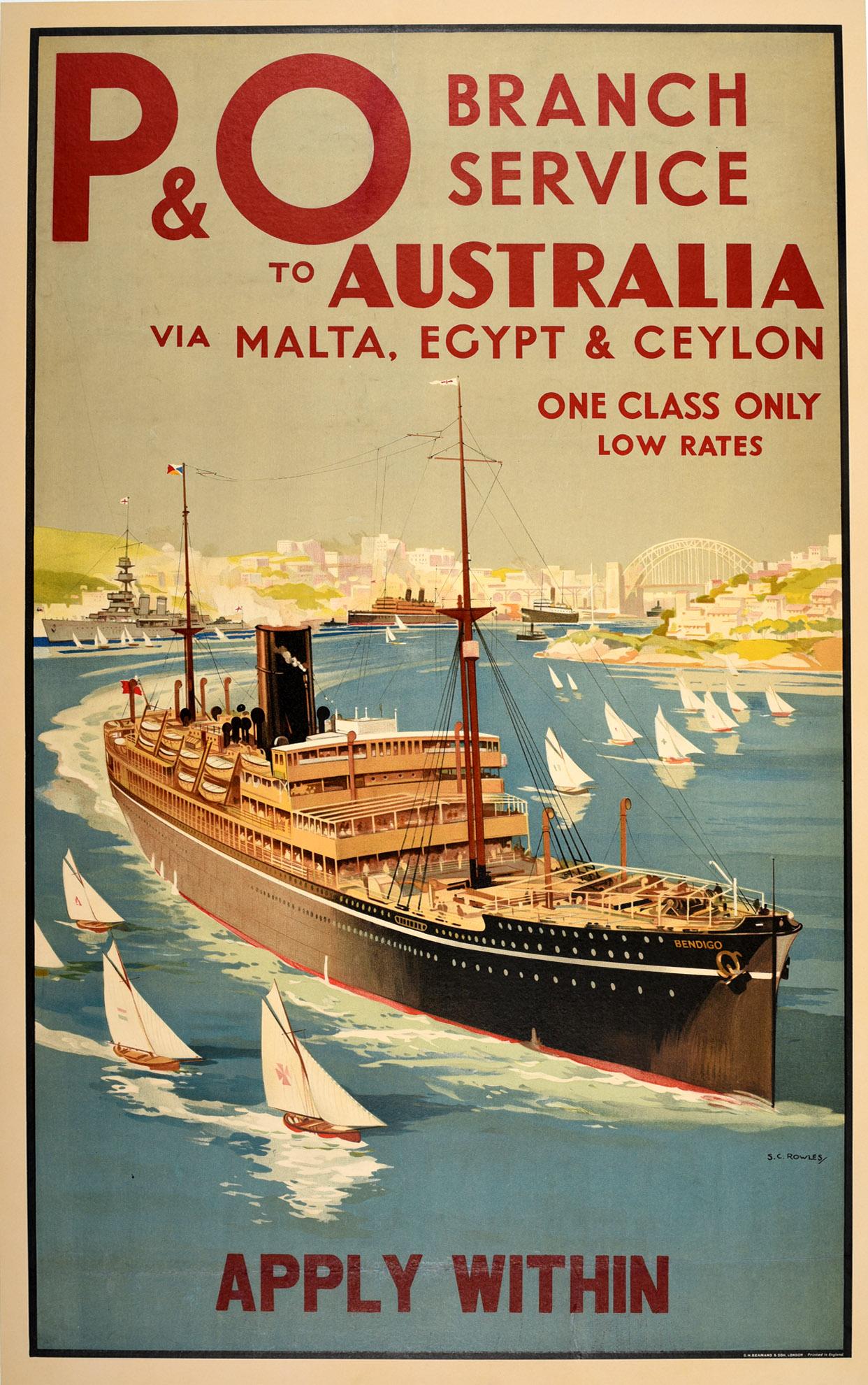 S C Rowles Print - Original Vintage Travel Poster P&O Australia Malta Egypt Ceylon Sydney Harbour
