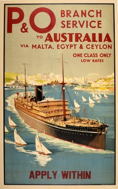 Original Vintage Travel Poster P&O Australia Malta Egypt Ceylon Sydney Harbour