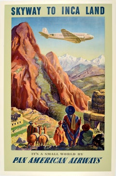 Original Vintage Poster Inca Land Small World By Pan American Macchu Picchu Peru