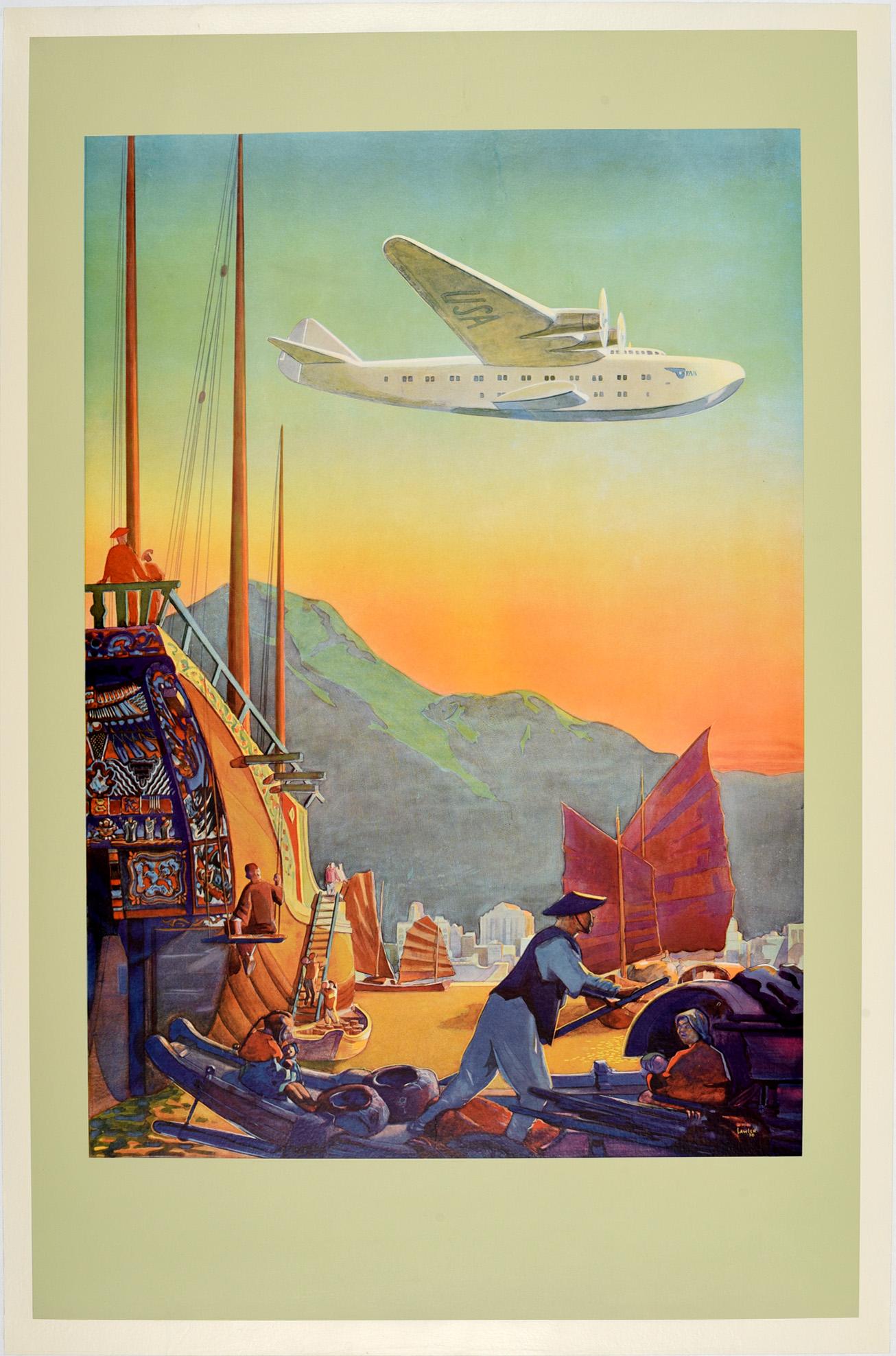 Paul George Lawler Print - Original Vintage Poster Pan American Air Travel Hong Kong Far East Sea Plane USA