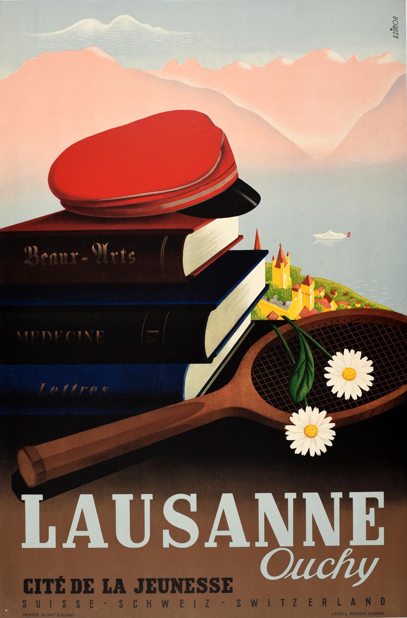 Andre Simon Print - Original Vintage Travel Poster Lausanne Ouchy Switzerland Cite De La Jeunesse