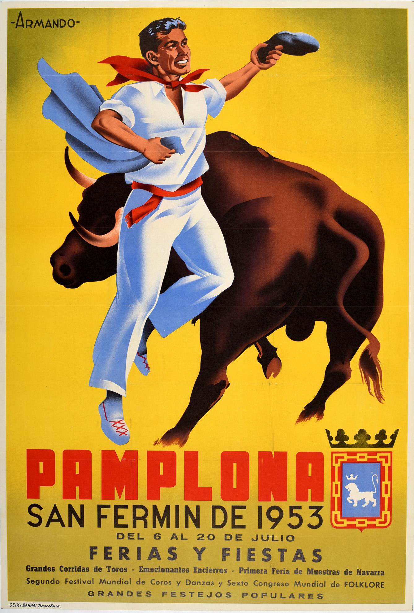 Unknown Print - Original Vintage Poster Pamplona San Fermin 1953 Ferias Y Fiestas Festival Spain