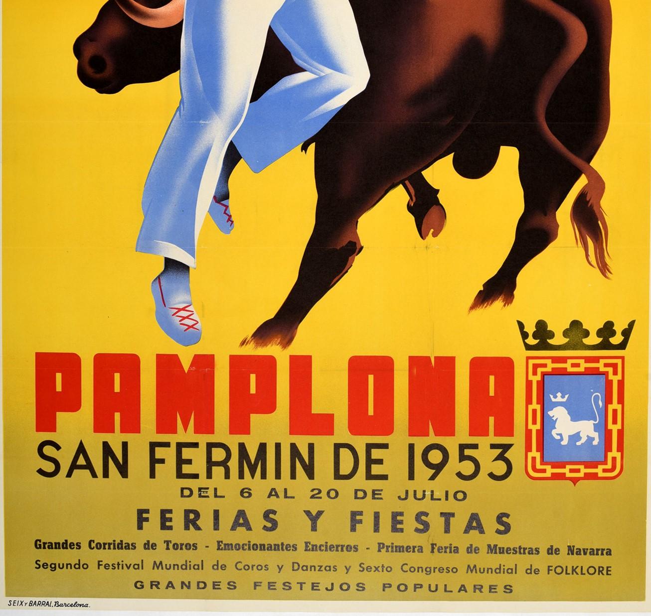 Original Vintage Poster Pamplona San Fermin 1953 Ferias Y Fiestas Festival Spain - Jaune Print par Unknown