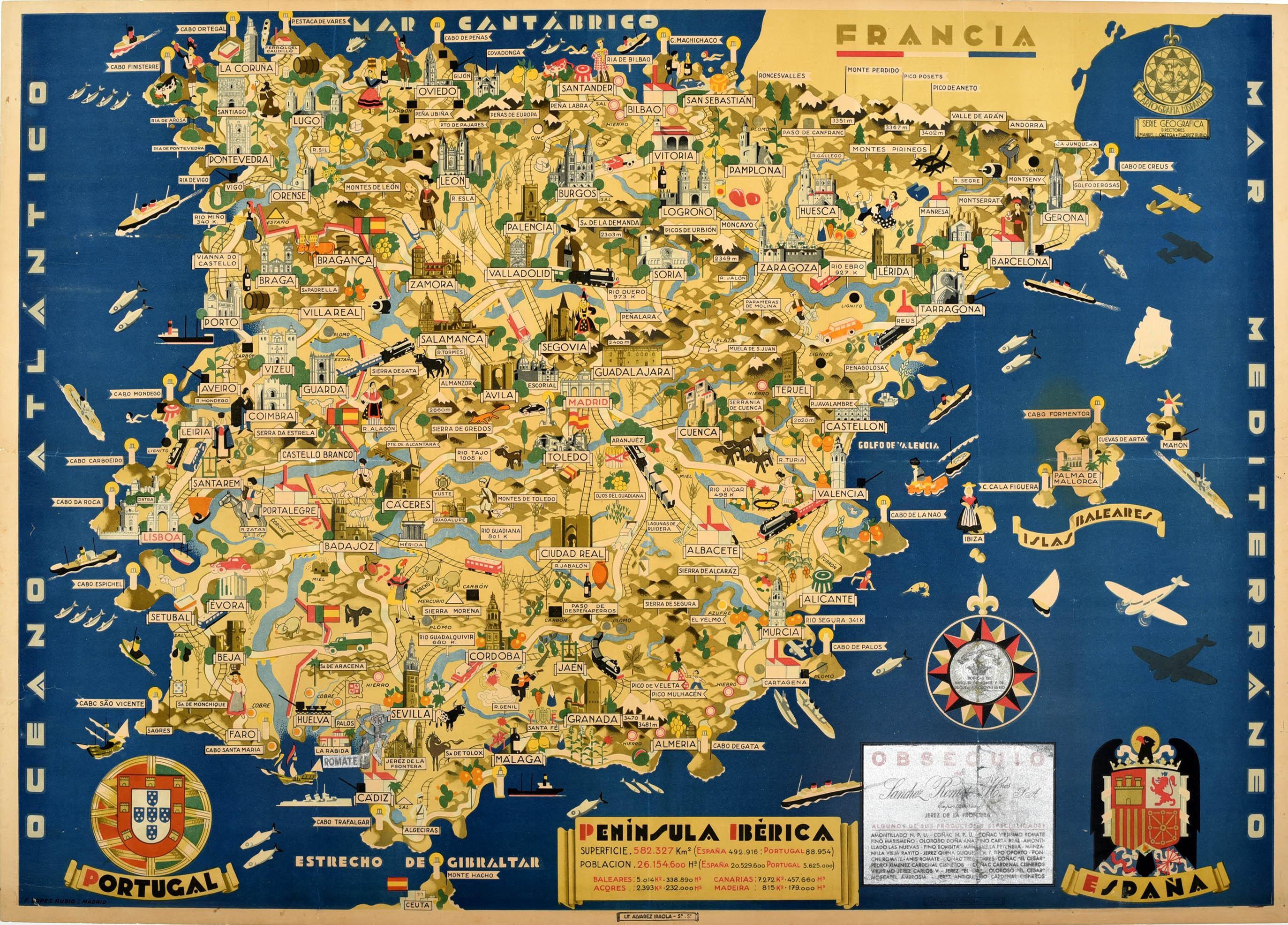 F. Lopez Rubio Print - Original Vintage Illustrated Map Poster Iberian Peninsula Iberica Portugal Spain