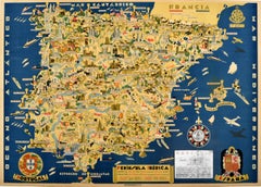 Original Vintage Illustrated Map Poster Iberian Peninsula Iberica Portugal Spain
