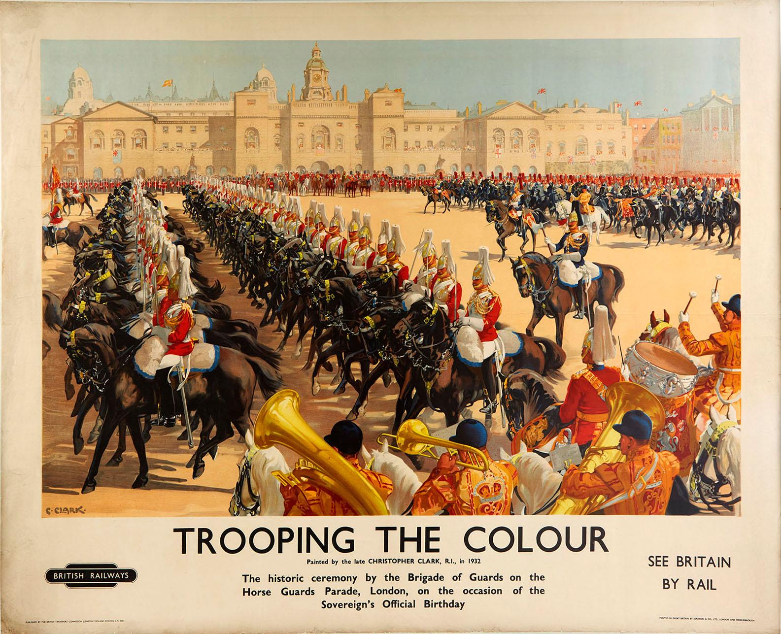 Christopher Clark Print - Original Vintage Poster Trooping The Colour Horse Guards London British Railways