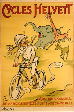 Original Antique Poster Cycles Helyett French Bicycle Safari Animals Design Art