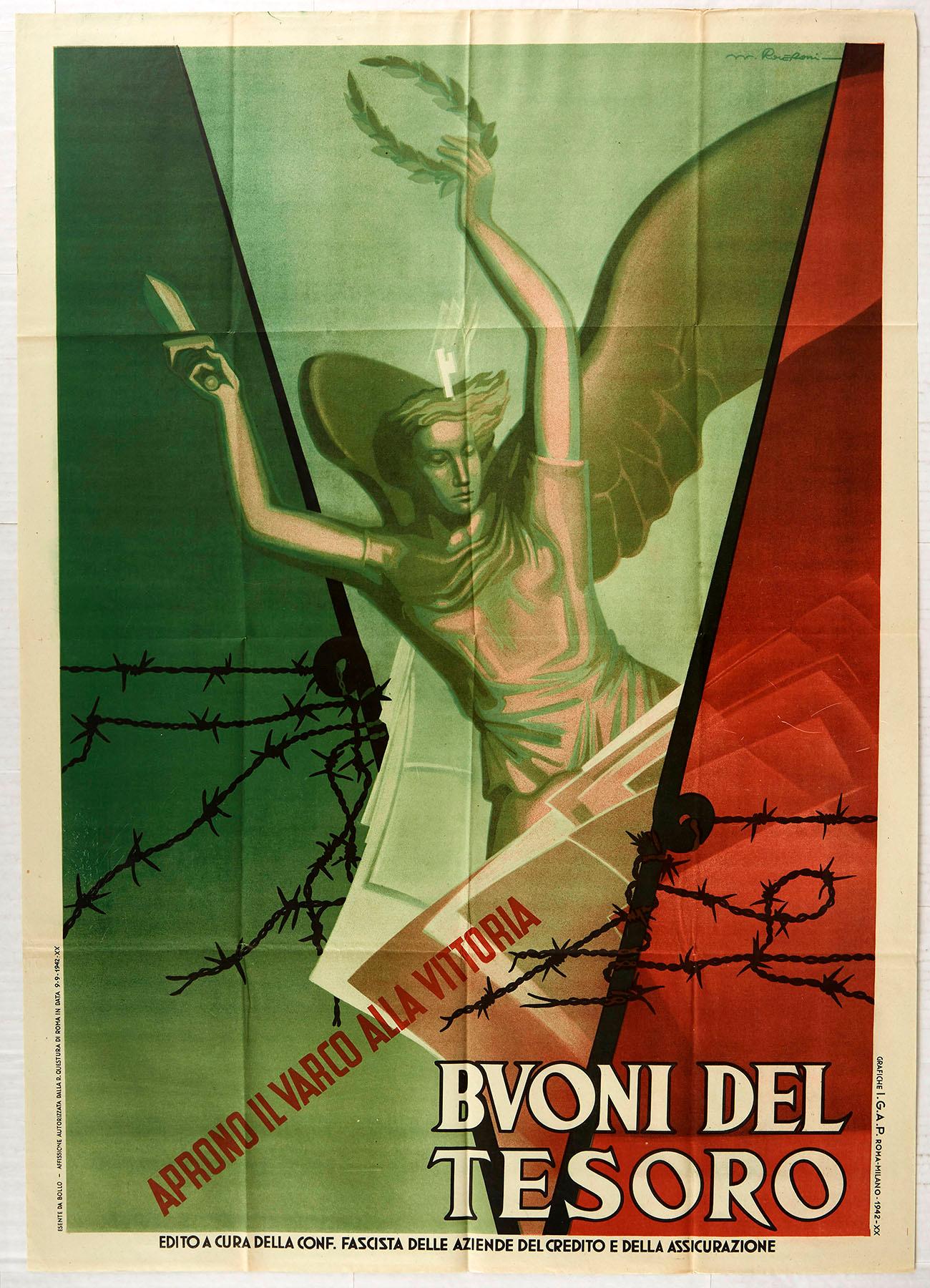 Walter Roveroni Print - Original Vintage Poster WWII Treasury Bills Vittoria Victory War Bonds Italy