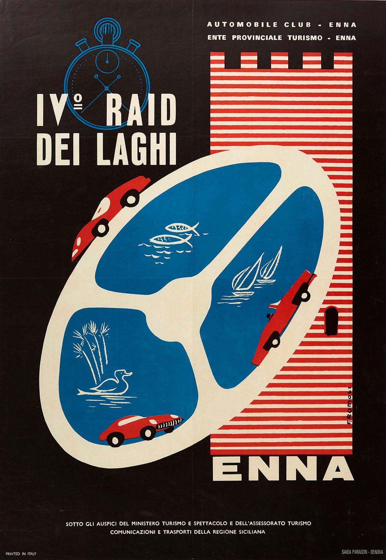 F. Romoli Print - Original Vintage Poster Raid Dei Laghi Lake Sports Cars Race Graphic Design Enna