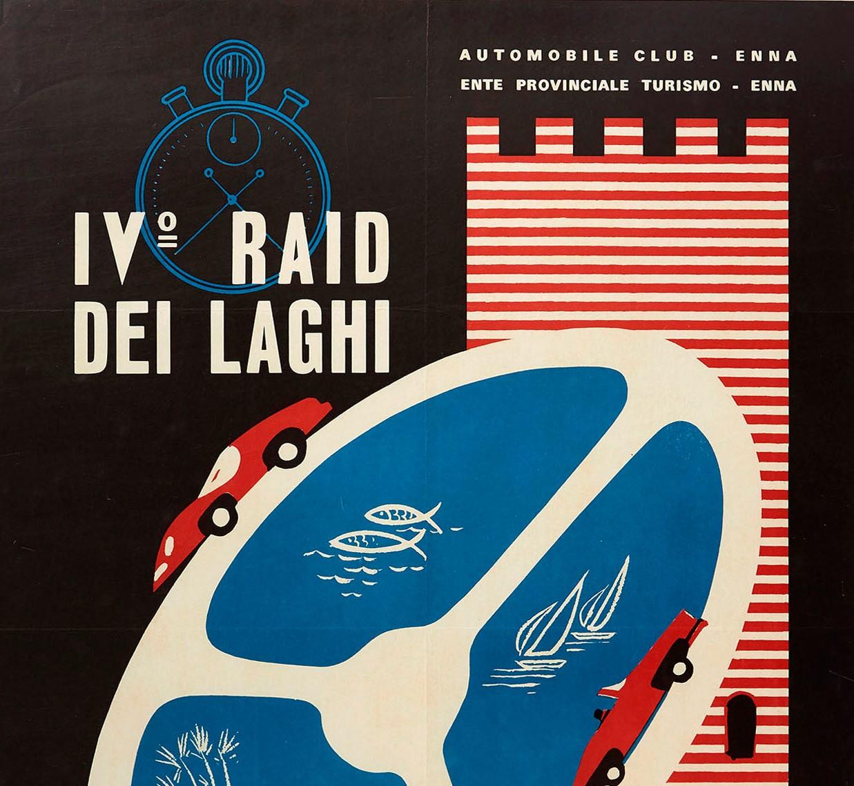 Original Vintage Poster Raid Dei Laghi Lake Sports Cars Race Graphic Design Enna - Print by F. Romoli